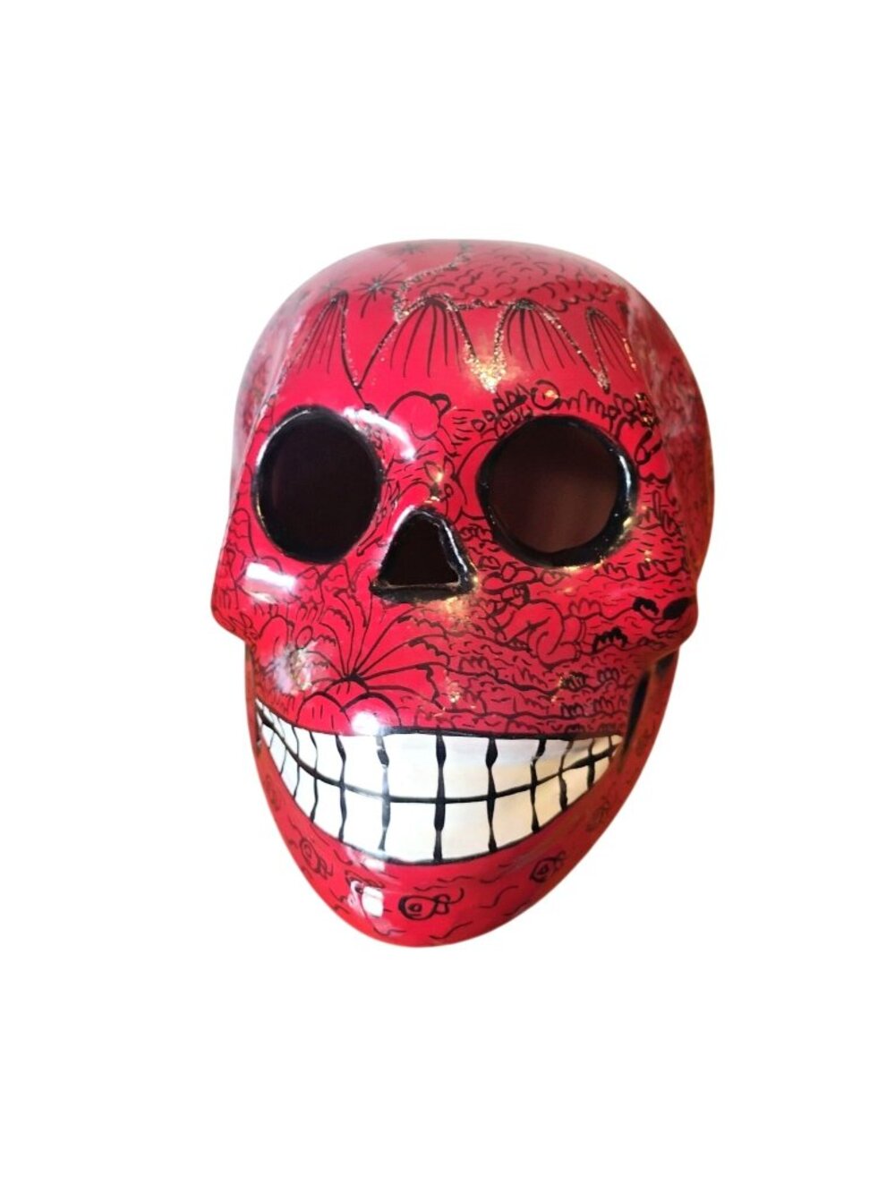 Day of the Dead Sugar Skull Terracotta Pottery Large 5.5" Red Black Mexico Decor